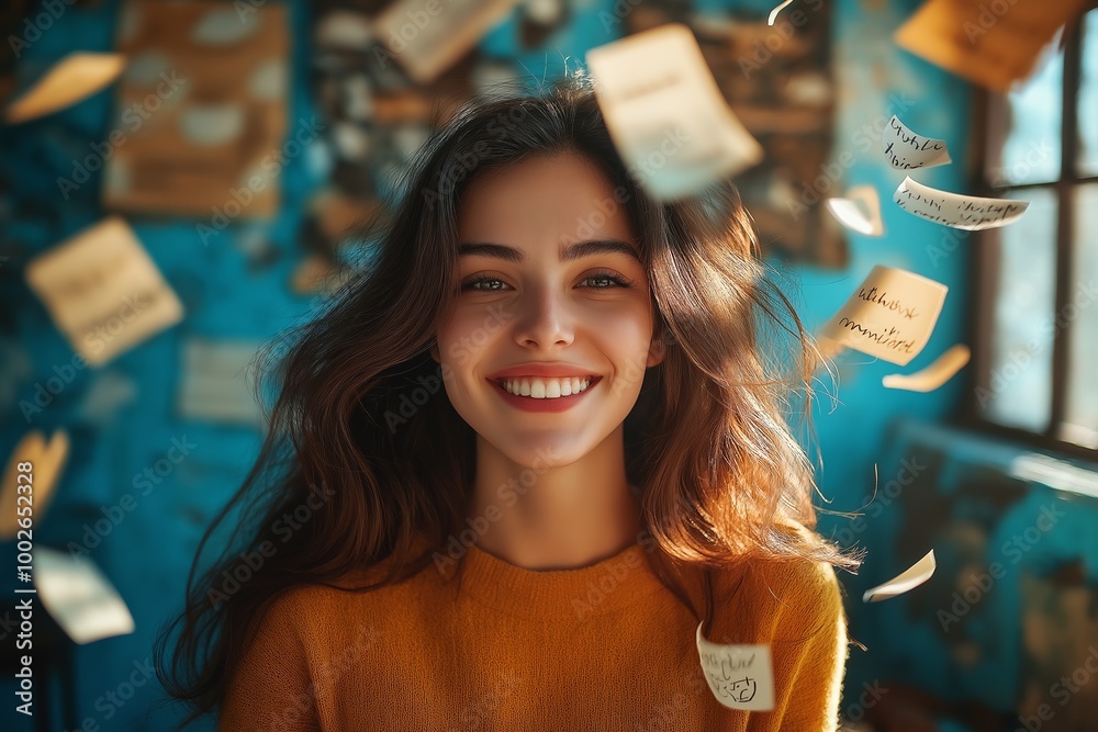 Fotografie Woman with long brown hair is smiling and wearing a yellow sweater