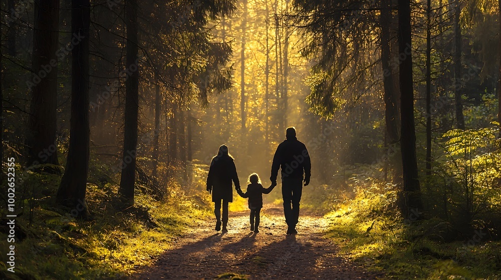 Tranquil Family Silhouette Walk through Serene Forest Landscape