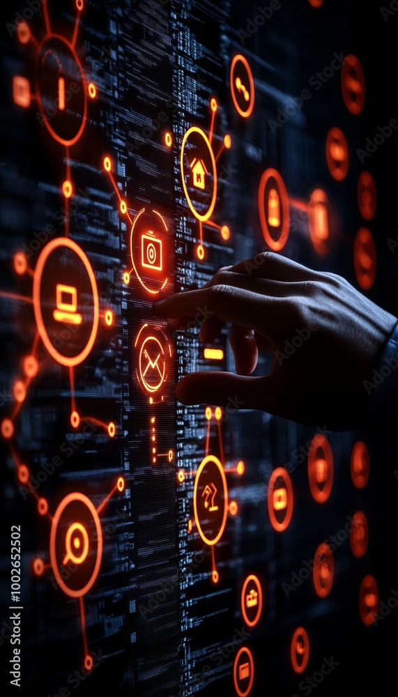Fototapeta premium A close-up of a hand interacting with a digital interface displaying glowing network icons, symbolizing technology and connectivity.