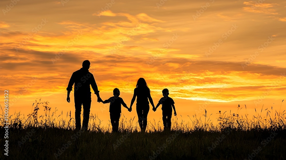 Silhouetted Family Strolling Hand-in-Hand at Sunset,Symbolizing Unity and Love Silhouetted Family Strolling Hand-in-Hand at Sunset,Symbolizing Unity and Love