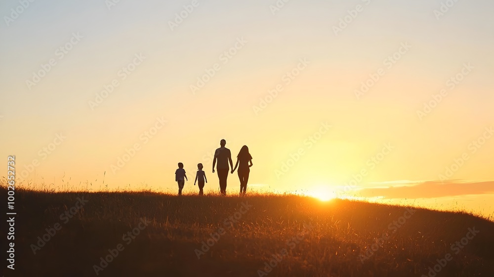 Silhouetted Family Walking on Hilltop with Glowing Horizon Silhouetted Family Walking on Hilltop with Glowing Horizon