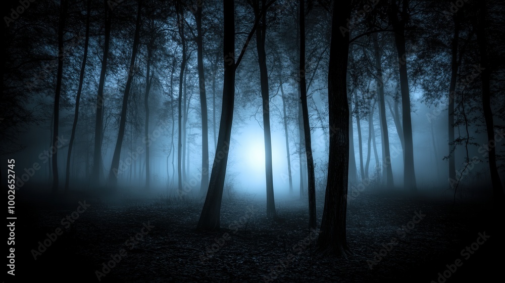 Obraz premium Spooky forest scene at night with eerie fog and ghostly blue lights illuminating the trees. The haunted atmosphere creates a chilling horror background perfect for Halloween or any creepy concept, wit