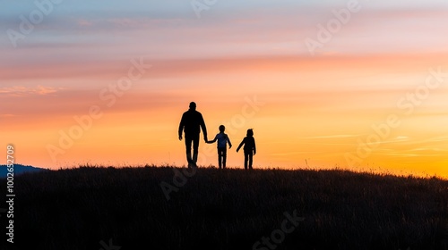 Serene Silhouette of Family Strolling on Hilltop with Glowing Horizon