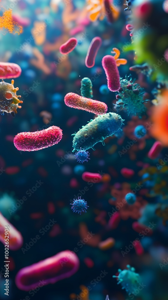Fototapeta premium A colorful array of bacteria floating in an animated, dynamic background