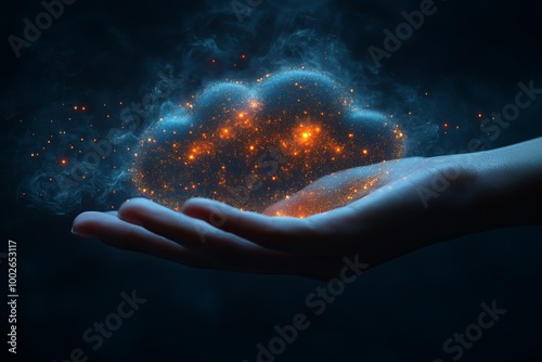 A glowing cloud of stars held gently in a hand, representing creativity, dreams, and the digital universe. photo