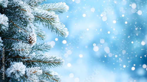 Snowy Pine Tree Winter Wonderland Background Frosted Branches Glowing Snowflakes Blue Atmosphere