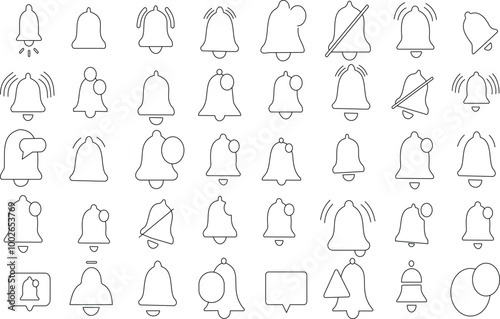 Notification bells icon set for logo and T-Shirt. Thin line art editable stroke.