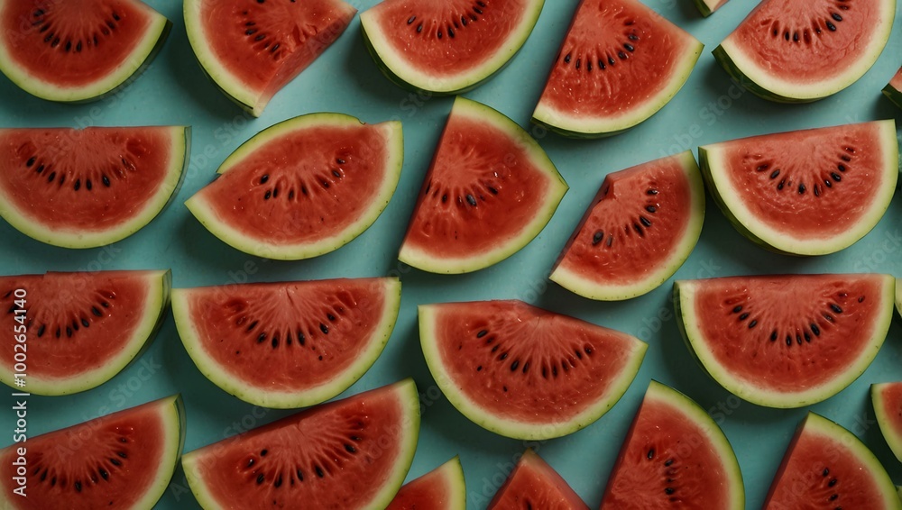 Top view of watermelon slices arranged in a pattern, perfect for summer. Top view of watermelon slices arranged in a pattern, perfect for summer.
