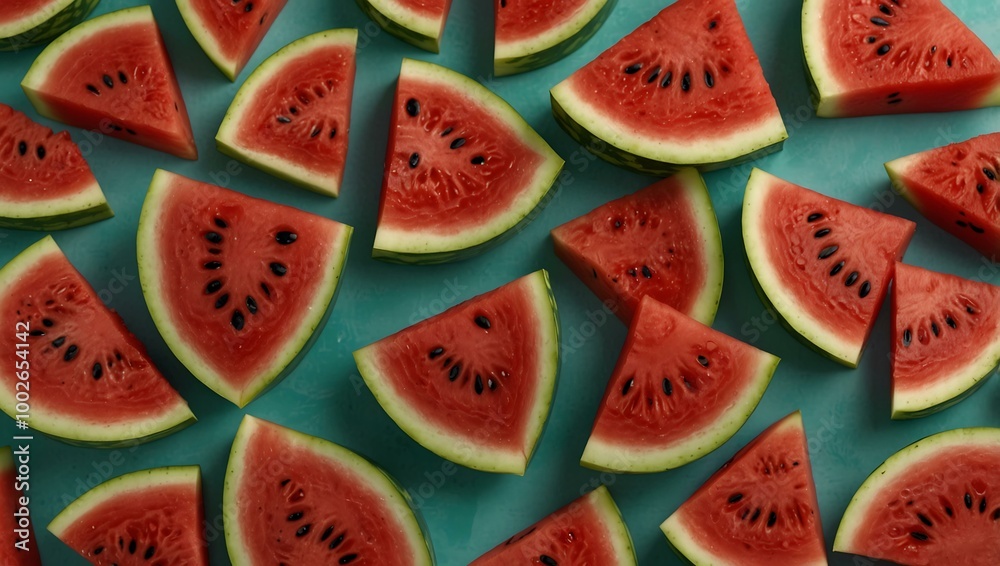 Top view of watermelon slices arranged in a pattern, perfect for summer. Top view of watermelon slices arranged in a pattern, perfect for summer.