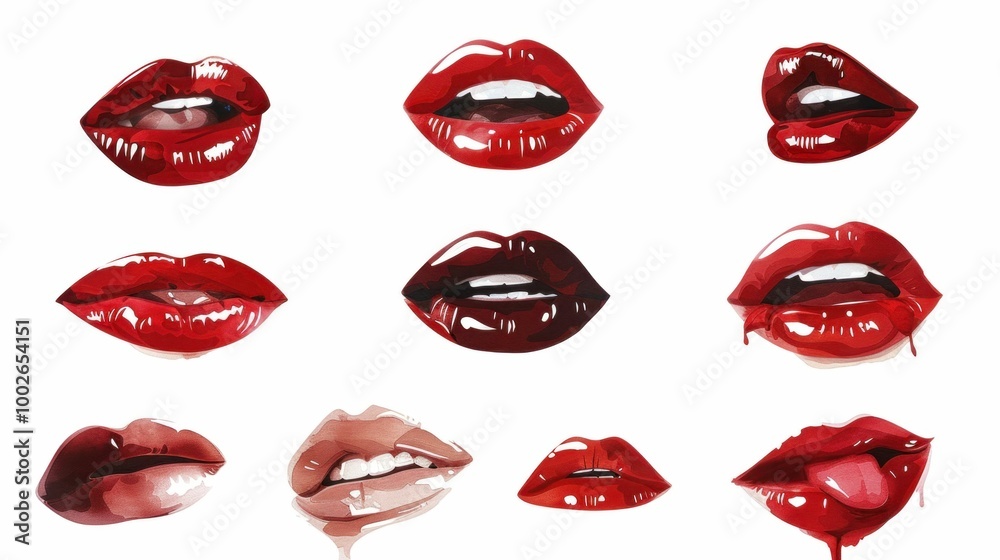 Collection of glossy red lips in various shapes and expressions on a white background The vibrant colors highlight the allure of the lips Collection of glossy red lips in various shapes and expressions on a white background The vibrant colors highlight the allure of the lips