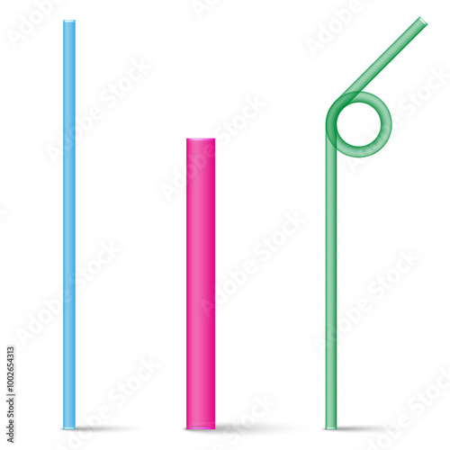 Three colorful plastic drinking straws isolated on white background, pink, green, and blue straight and bendable straws for cocktails and beverages, realistic 3d vector illustration.