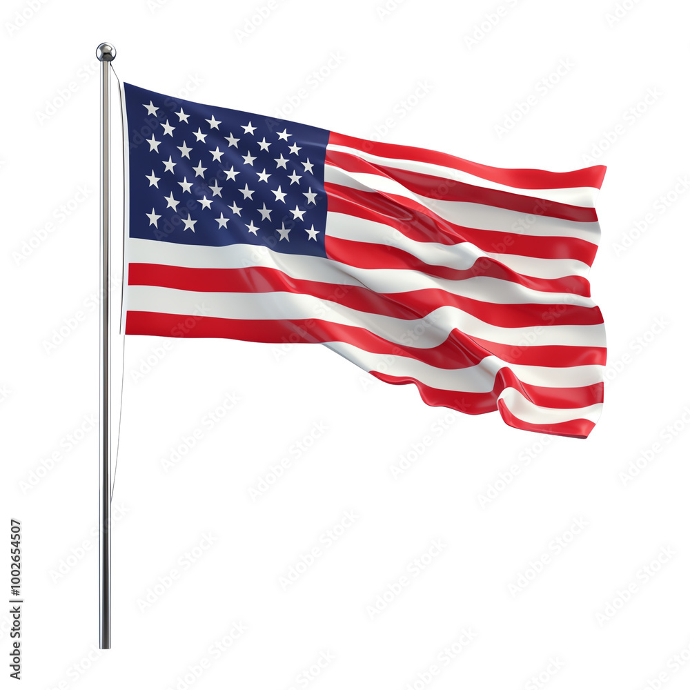 Fototapeta premium United States flag waving on a flagpole against a white background. transparent background