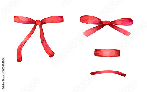 Watercolor ribbon bow collection. Hand drawn illustration with red bow and ribbon elements for invitations design, banners, greeting cards