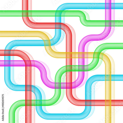 Colorful overlapping transparent pipes creating complex geometric pattern, vibrant curved tubes forming interconnected network design, playful and abstract vector illustration for creative backgrounds