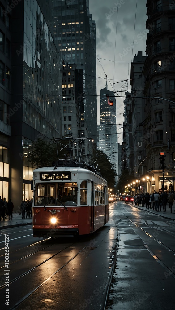 Tram navigating through a city. Tram navigating through a city.