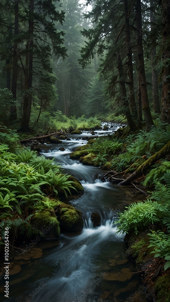 Tranquil forest with a winding river.