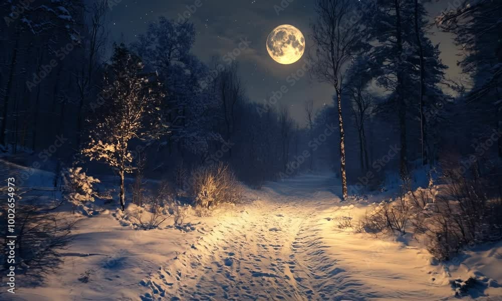 Snowy path winding through a dark forest under a full moon, with the trees casting long shadows and the path glowing softly in the moonlight. . Video