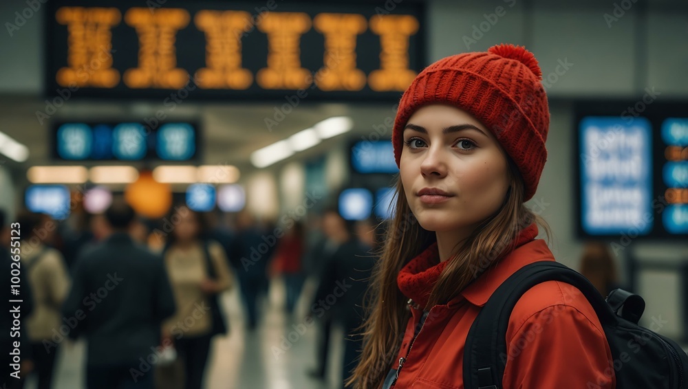 Traveler at a busy airport terminal with a red beanie. Traveler at a busy airport terminal with a red beanie.