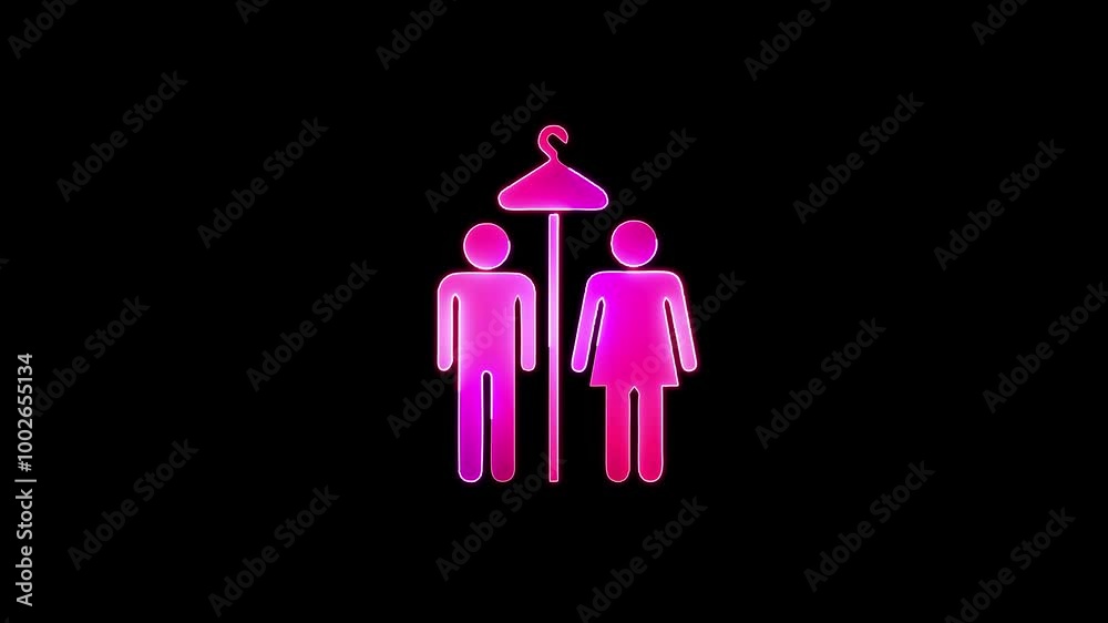 Glowing neon dressing room icon in store.neon changing inon Glowing neon dressing room icon in store.neon changing inon