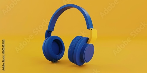 Blue and yellow wireless headphones isolated on a bright yellow background. Design for banner, poster, wallpaper, print. photo