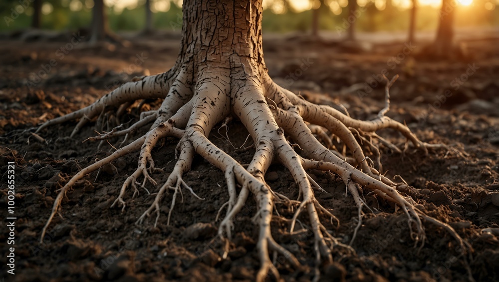 Tree roots growing in soil with a sunset background. Tree roots growing in soil with a sunset background.