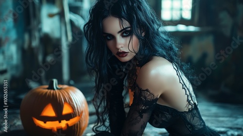 Dark Gothic Halloween Aesthetic with Pumpkins and Mysterious Girl