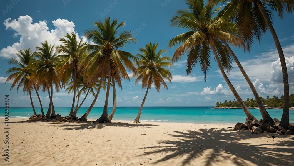 Tropical beach with palm trees creating a paradise vibe. Tropical beach with palm trees creating a paradise vibe.