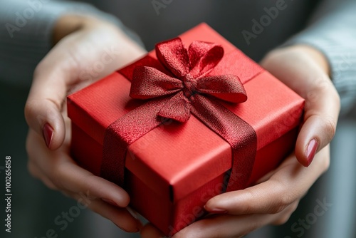 Close-up view of hands of unrecognizable woman giving red gift box tied to bow handed to man. Giving gifts during the Christmas, Happy New Year and Happy Birthday at, Generative AI