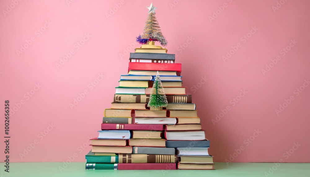 Christmas tree made from pile of books Christmas tree made from pile of books