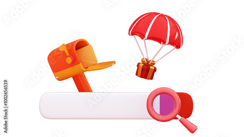 3d Mailbox with a gift box flying on a parachute Minimal three-dimensional 3D render illustration