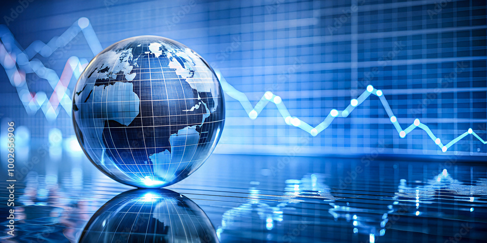 Global Finance Concept: Planet Earth Reflected Through a Glass Panel Featuring an Abstract Stock Chart with Blue Background and Gray Line Graph, Resting Atop a Glossy Sphere Against a Clean White Back Global Finance Concept: Planet Earth Reflected Through a Glass Panel Featuring an Abstract Stock Chart with Blue Background and Gray Line Graph, Resting Atop a Glossy Sphere Against a Clean White Back