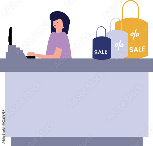 Cashier at counter with sale bags.