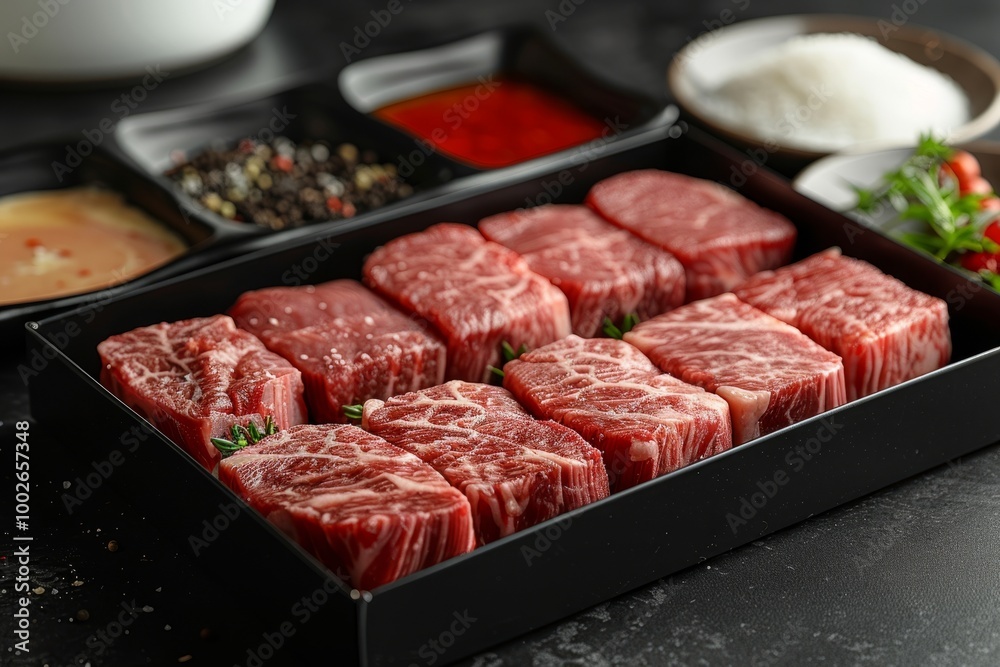 Premium beef set in box, Marbling beef. Beef sashimi, wooden board. Slices of beef sashimi, sukiyaki, chopsticks holding beef, kobe wagyu beef, wagyu a5 beef!... Premium beef set in box, Marbling beef. Beef sashimi, wooden board. Slices of beef sashimi, sukiyaki, chopsticks holding beef, kobe wagyu beef, wagyu a5 beef!...