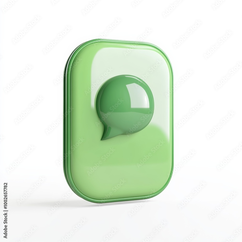 A 3D illustration of a minimalistic mobile phone icon with a green bubble chat symbol, representing communication, set against a white background A 3D illustration of a minimalistic mobile phone icon with a green bubble chat symbol, representing communication, set against a white background