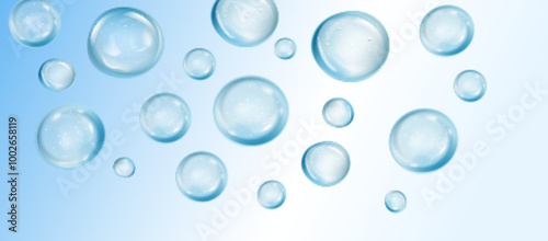 Collagen blue drops. Hyaluronic acid bubbles. Cosmetic serum. Skincare product. Vector illustration