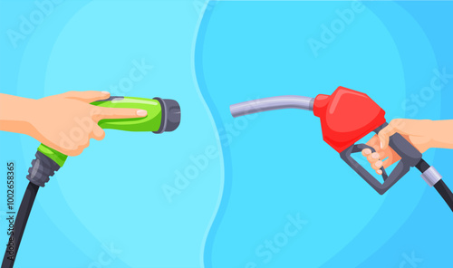 Ev charger vs fuel. Electric vehicle versus gasoline car concept, petrol fuel gun and electrical plug compare clean energy or gas fuel refuelling recharge, neat vector illustration