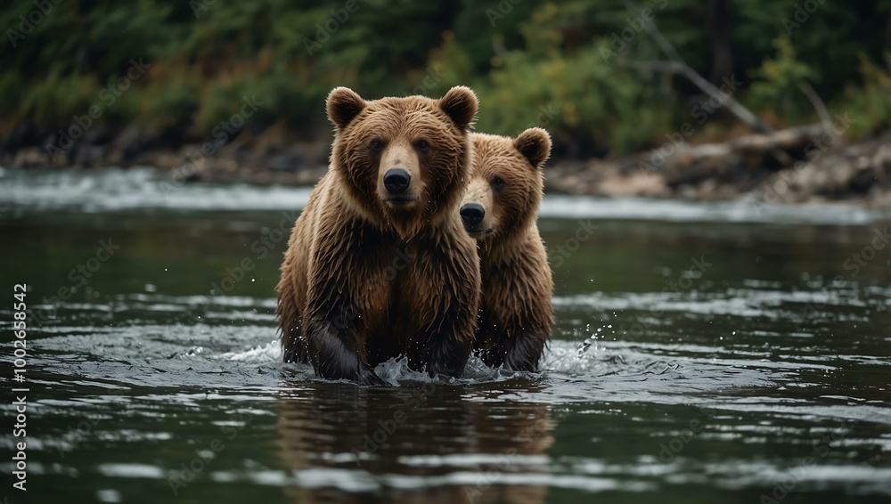 Two playful brown bears frolicking in a river. Two playful brown bears frolicking in a river.