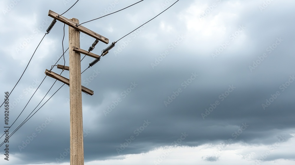 This view showcases a broken telephone pole leaning to the side, with wires dangling against a dark, overcast sky, creating a moody atmosphere in the landscape This view showcases a broken telephone pole leaning to the side, with wires dangling against a dark, overcast sky, creating a moody atmosphere in the landscape