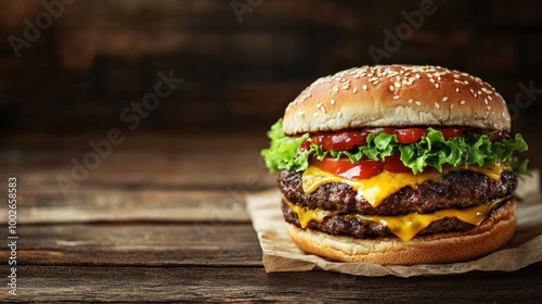 Double Cheeseburger on a Wooden Background