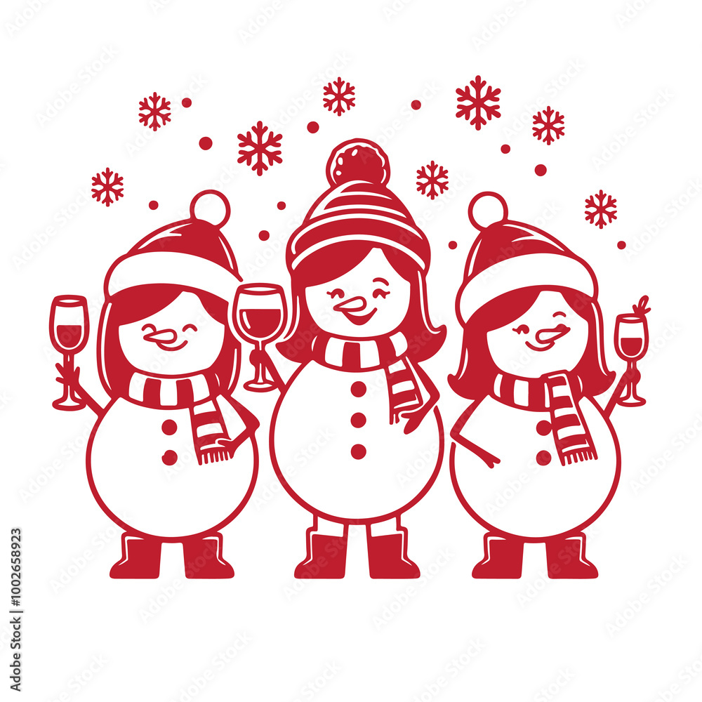 Three cheerful snowmen enjoy holiday festivities, holding wine glasses, dressed in cozy scarves and hats. Perfect for Christmas party. Cartoon vector illustration Three cheerful snowmen enjoy holiday festivities, holding wine glasses, dressed in cozy scarves and hats. Perfect for Christmas party. Cartoon vector illustration