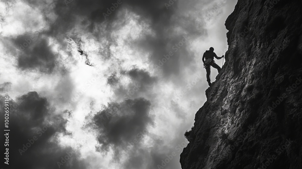 A determined climber ascends a sheer rock face, their silhouette etched against the ominous clouds above. A determined climber ascends a sheer rock face, their silhouette etched against the ominous clouds above.