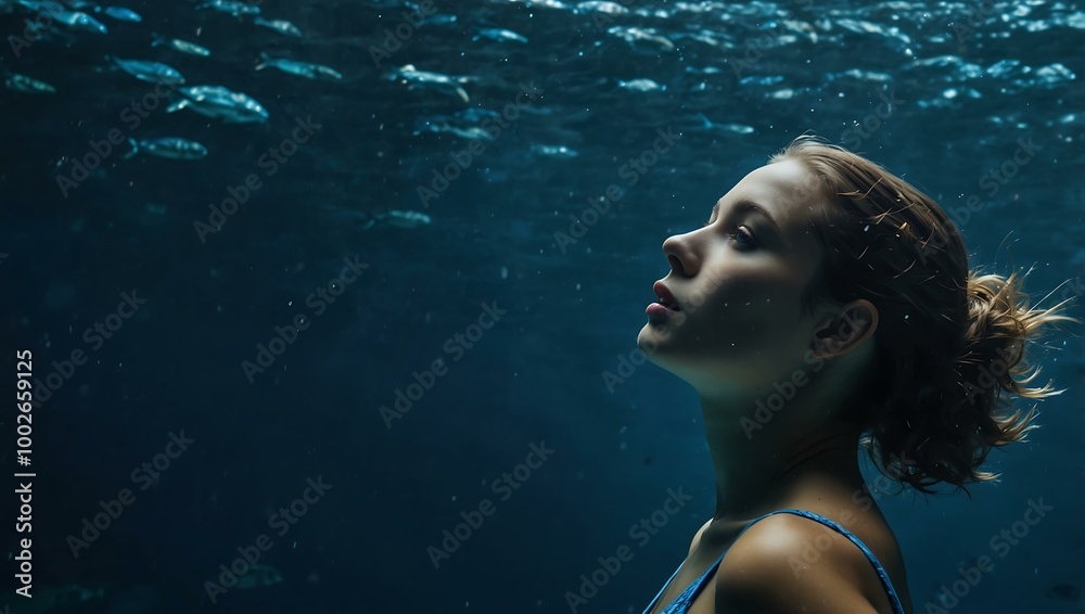 Underwater profile of a woman in a blue ocean. Underwater profile of a woman in a blue ocean.