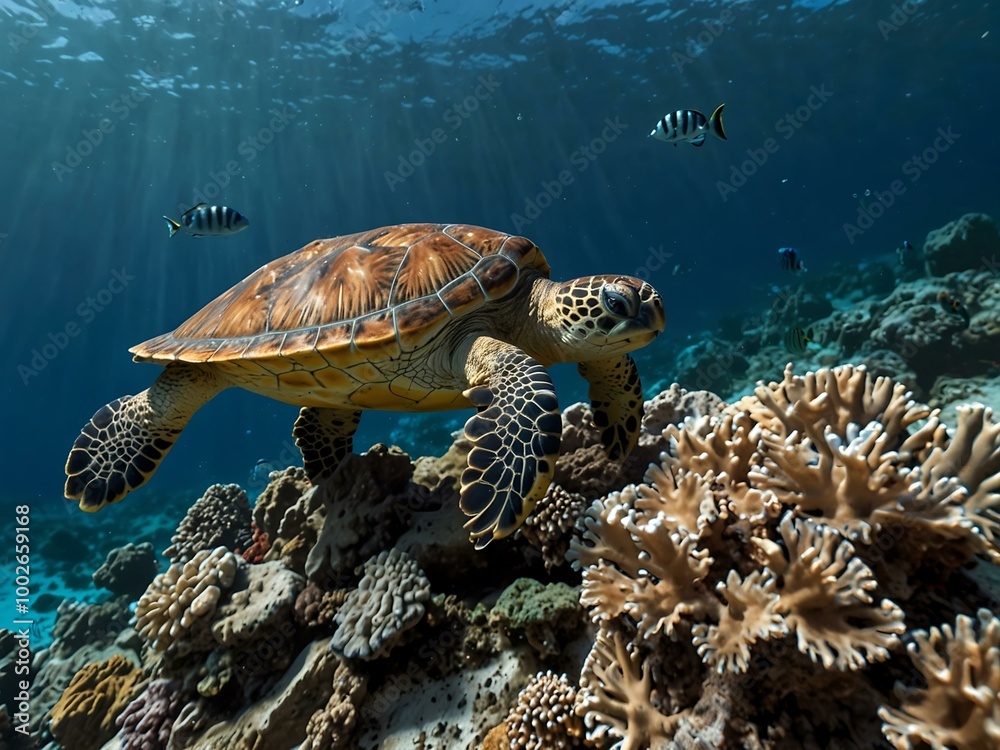 Underwater scene featuring a turtle and coral reef in Curacao. Underwater scene featuring a turtle and coral reef in Curacao.