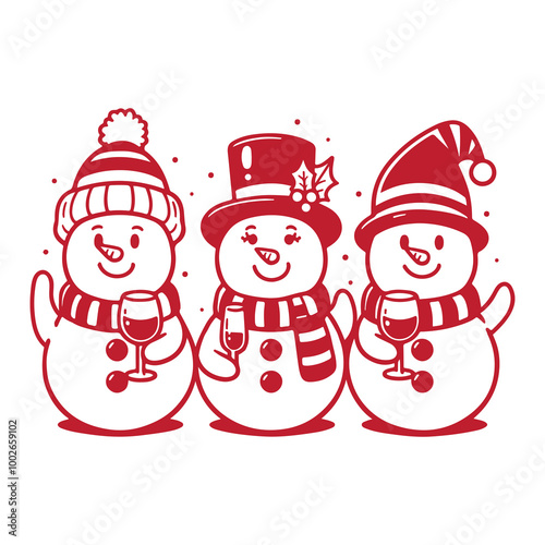 Happy snowmen enjoy holiday festivities, holding wine glasses, dressed in cozy scarves and hats. Perfect for Christmas party. Cute snowman vector illustration in cartoon style