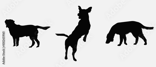 Dog silhouette collection vector. Dog in various poses and activities like jumping, sitting, running, playing, and standing. Silhouette black puppies, pet dog vector