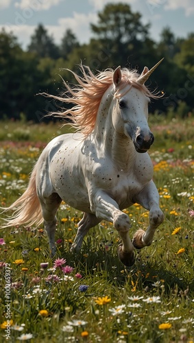 Unicorn Running Through a Flower Meadow.