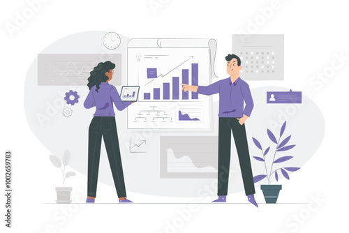 Business plan and strategy flat illustration concept, growth forecasting, financial planning, market research. Vector flat illustration style