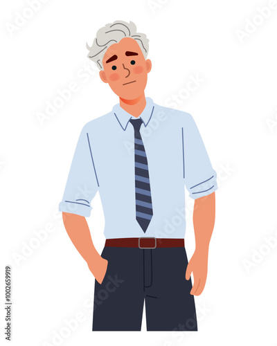 Flat cartoon vector illustration. A person with grey hair