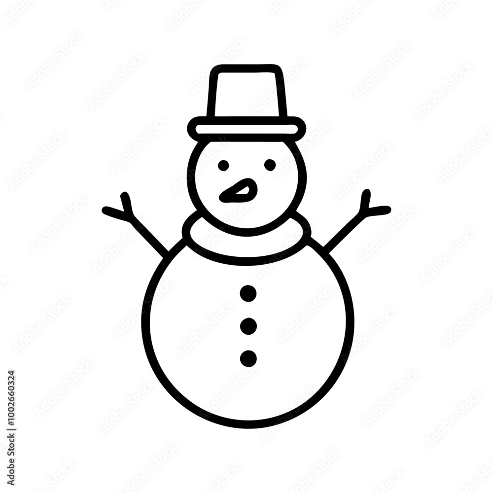 Snowman vector icon, cheerful design, simple black and white illustration