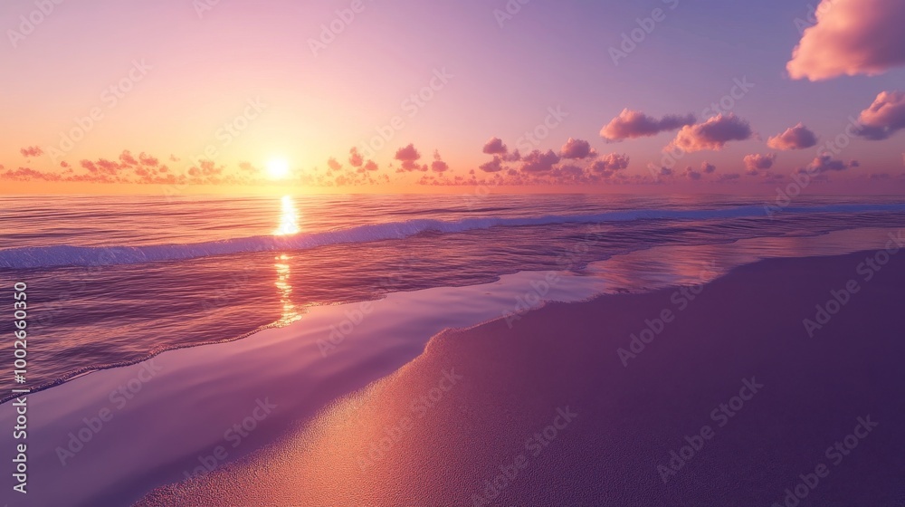 Sunset beach scene, the sky transitioning from orange to deep purple Sunset beach scene, the sky transitioning from orange to deep purple